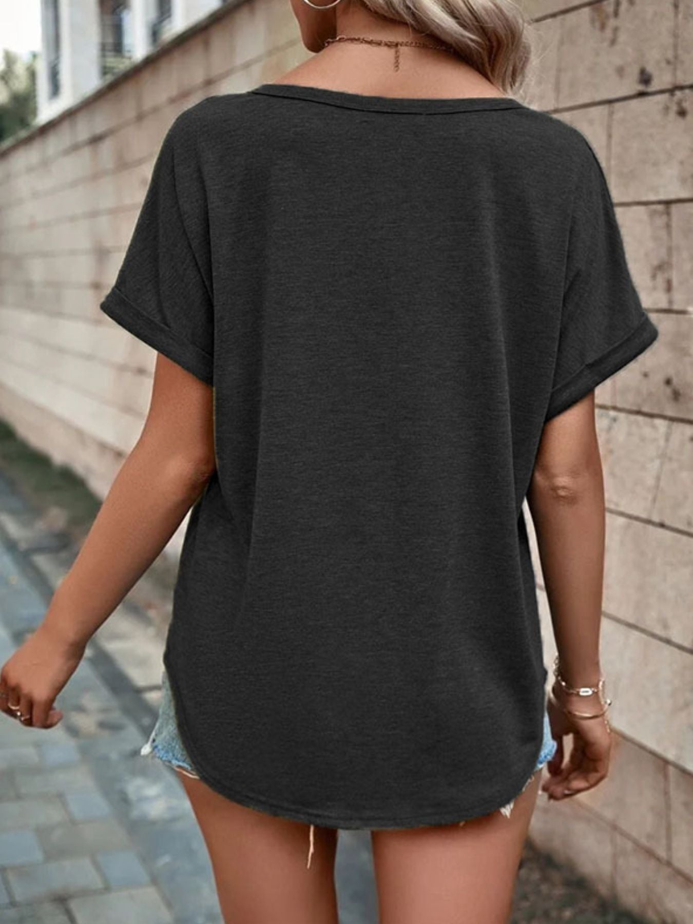 Plus size full size decor button short sleeve t-shirt with slight stretch and buttoned front