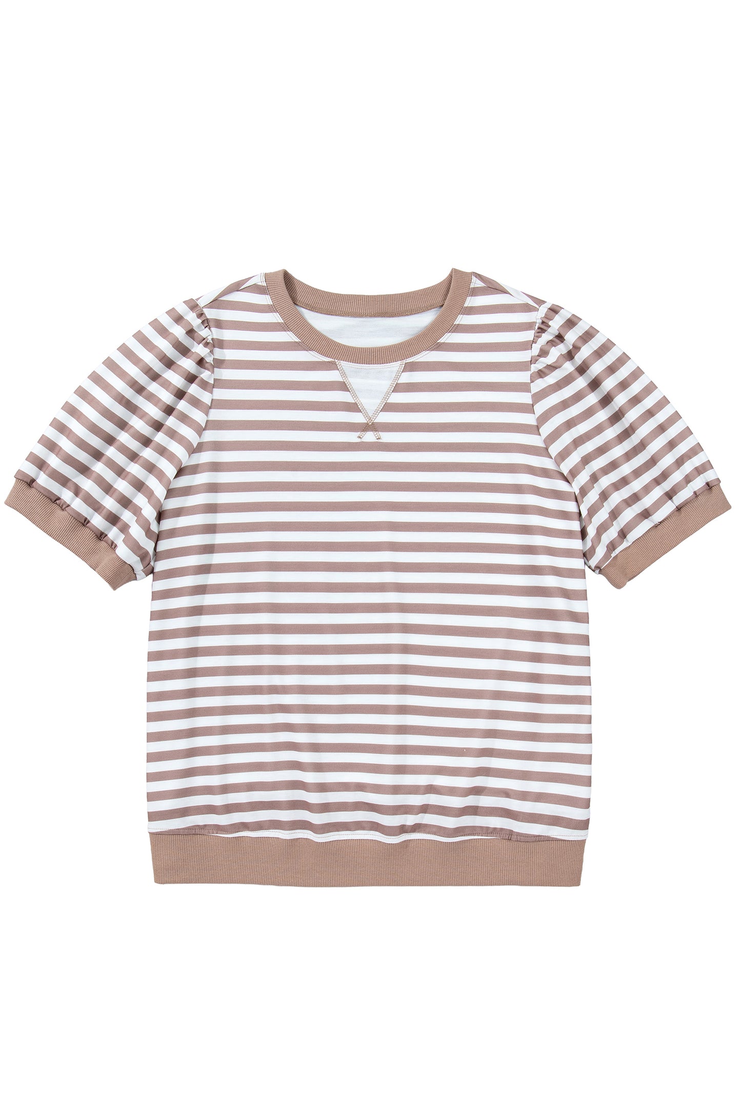 Orange Stripe Ribbed Trim Round Neck Short Puff Sleeve Plus T Shirt