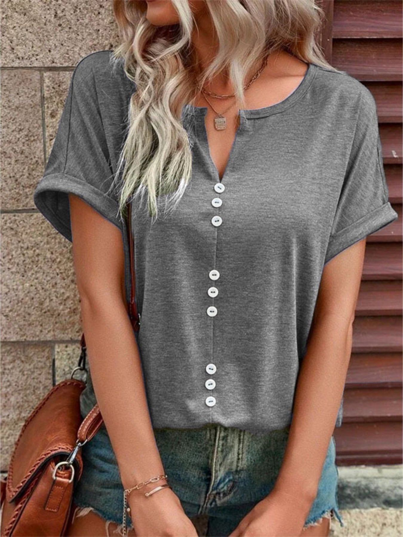 Plus size full size decor button short sleeve t-shirt with slight stretch