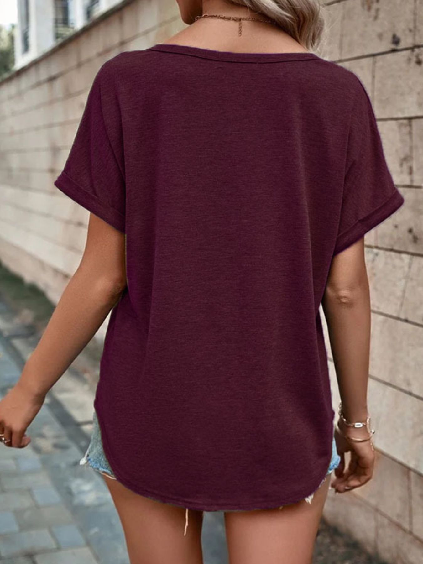 Plus size full size decor button short sleeve t-shirt with slight stretch and buttoned front