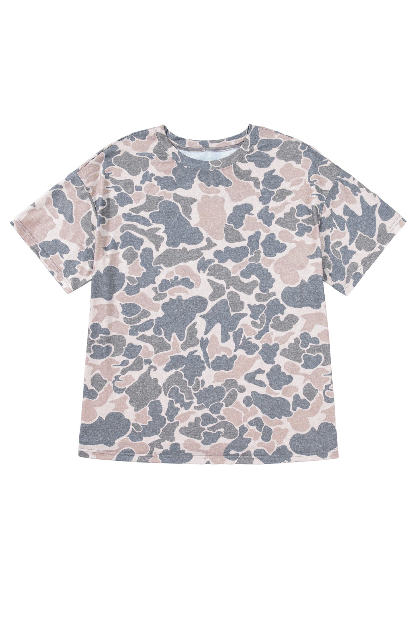 Plus size multicolour retro camouflage print T-shirt with round neck and short sleeves