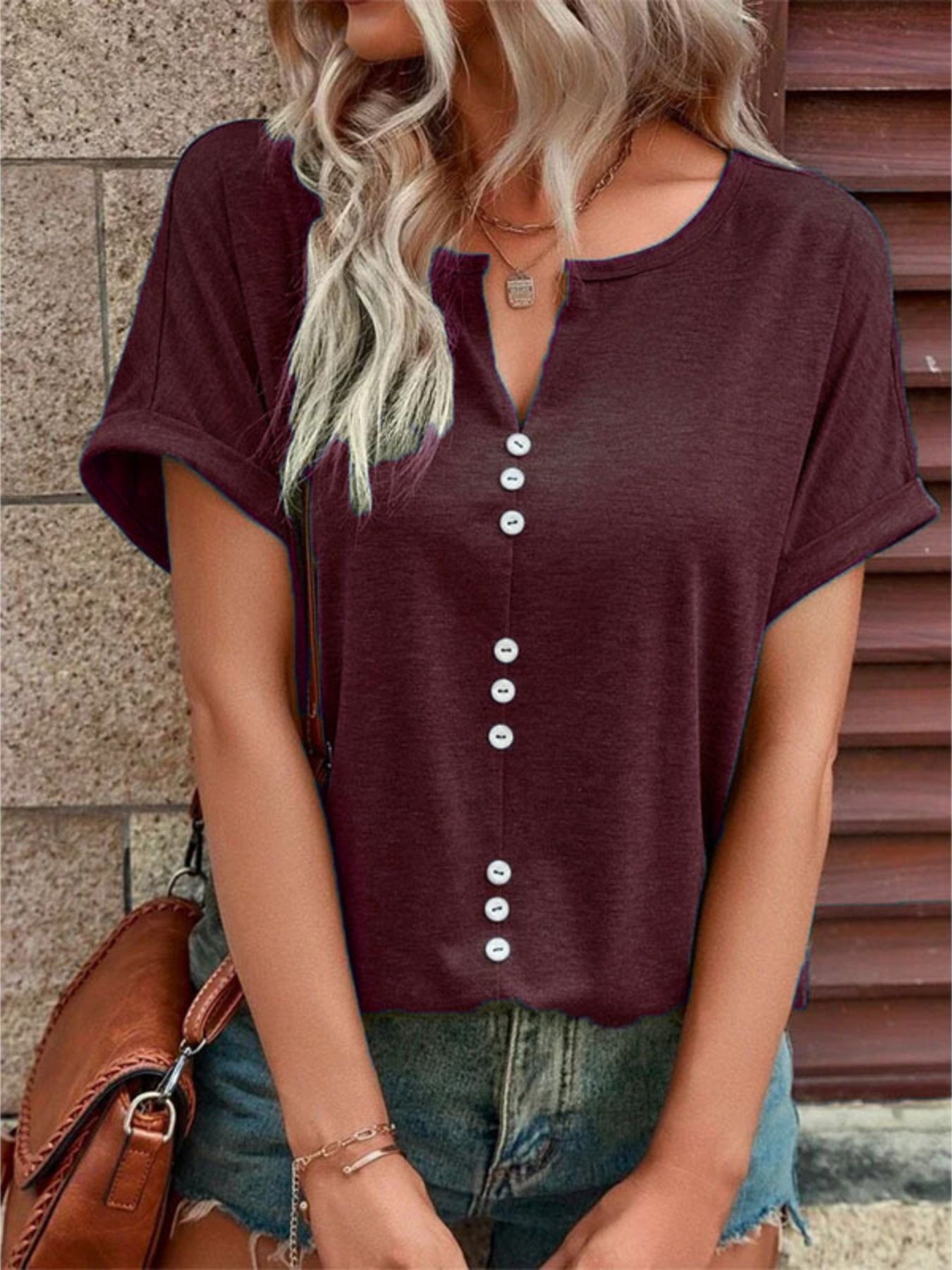 Plus size full size decor button short sleeve t-shirt with slight stretch polyester blend
