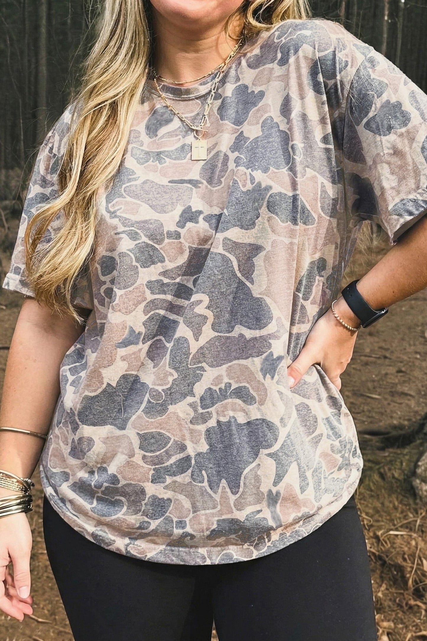 Plus size multicolour retro camouflage print t-shirt with round neck and short sleeves