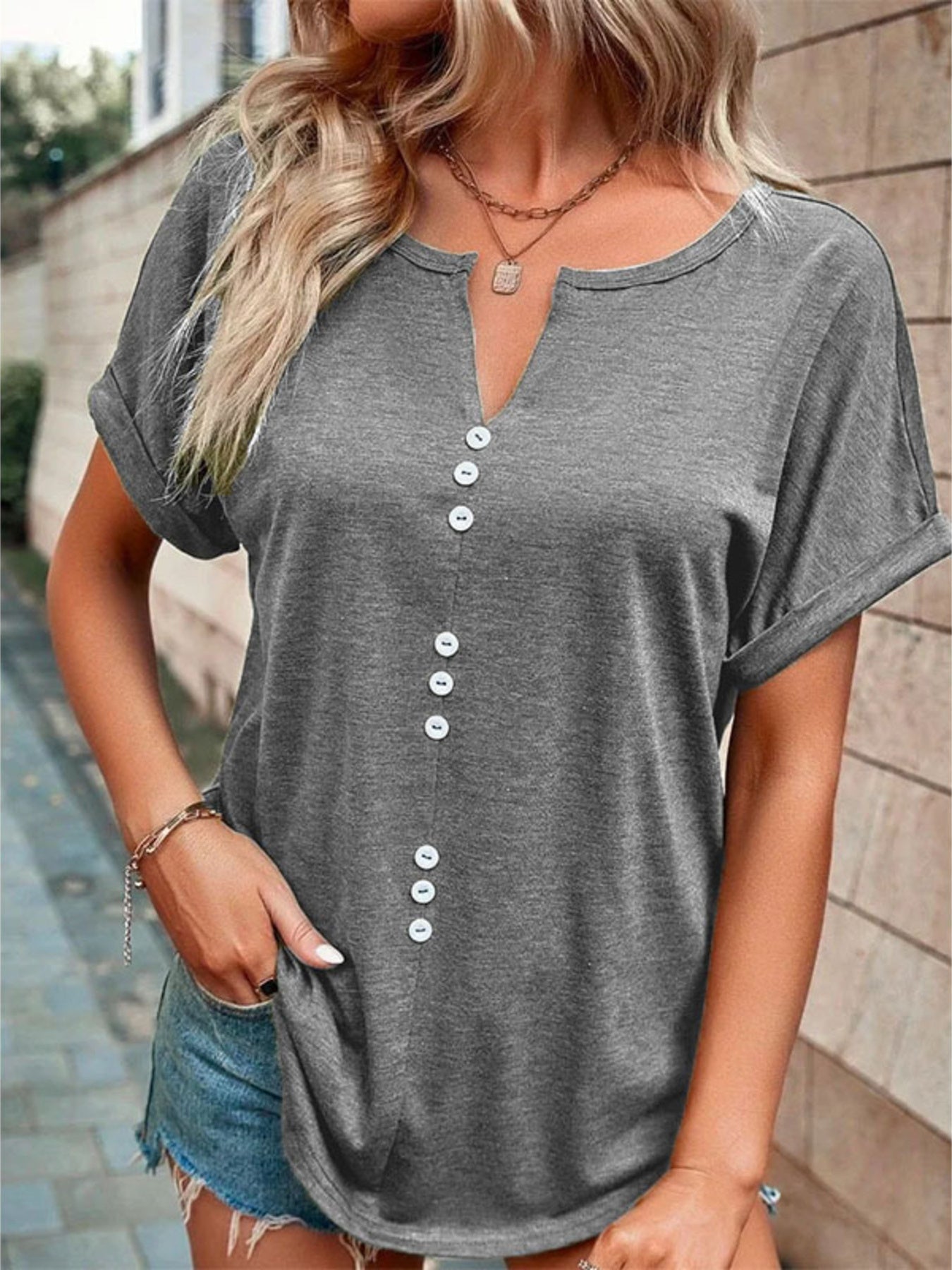 Plus size full size decor button short sleeve t-shirt with slight stretch and buttoned front