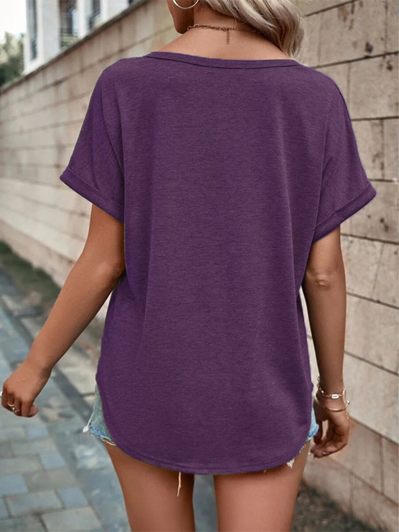 Plus size full size decor button short sleeve t-shirt with slight stretch and buttoned front