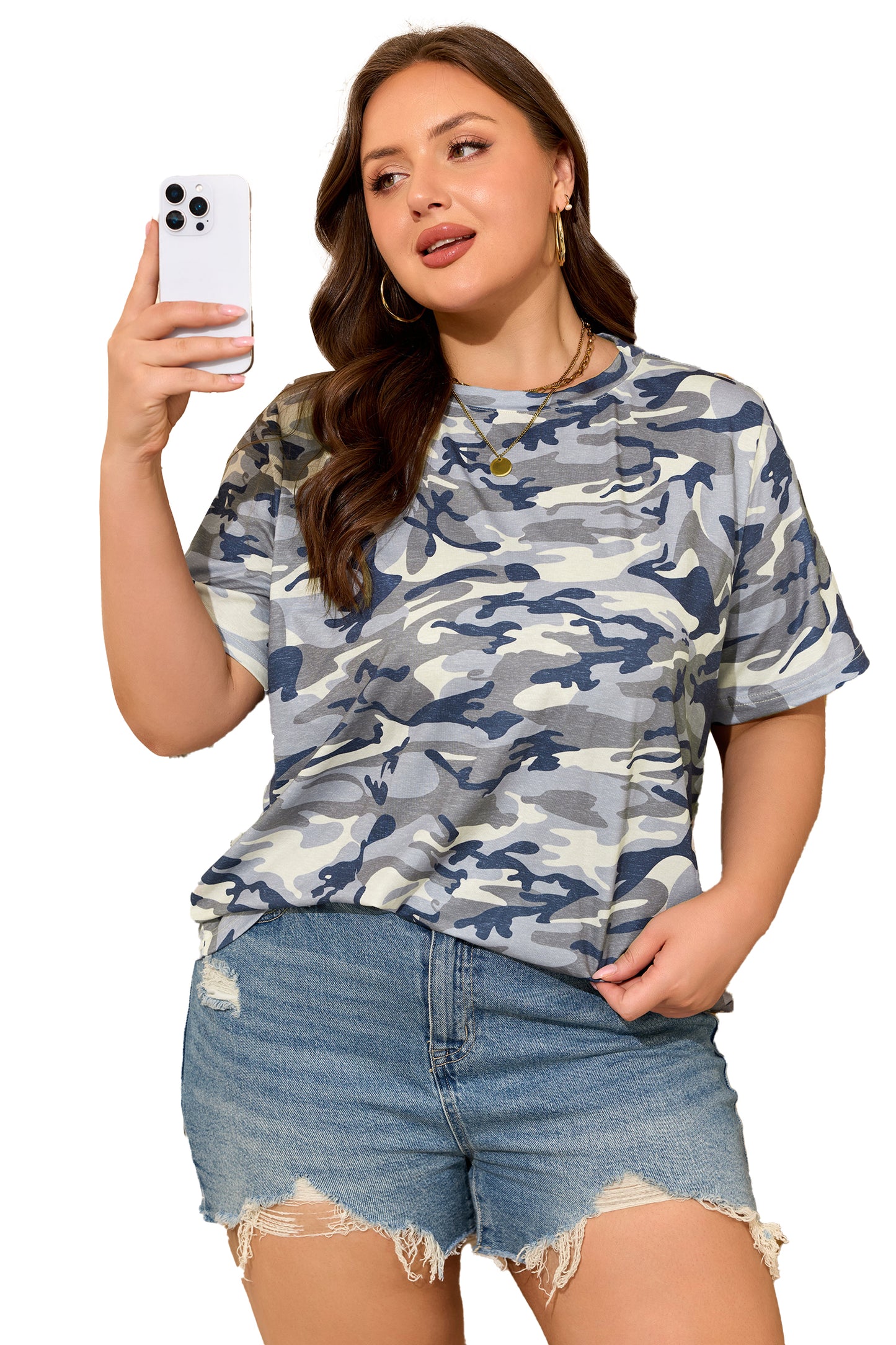 Green Plus Size Camo Print Crew Neck Short Sleeve Tee