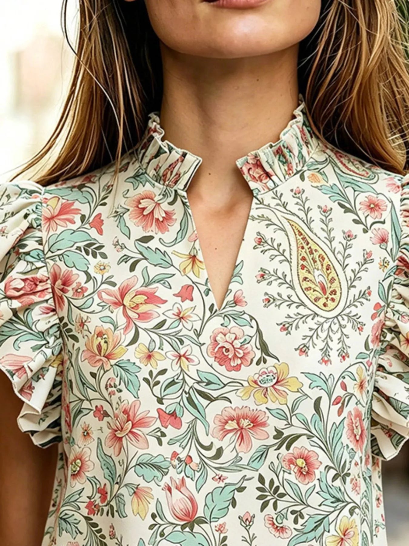 Printed ruffle sleeve blouse made of 100% polyester with no stretch and machine washable.