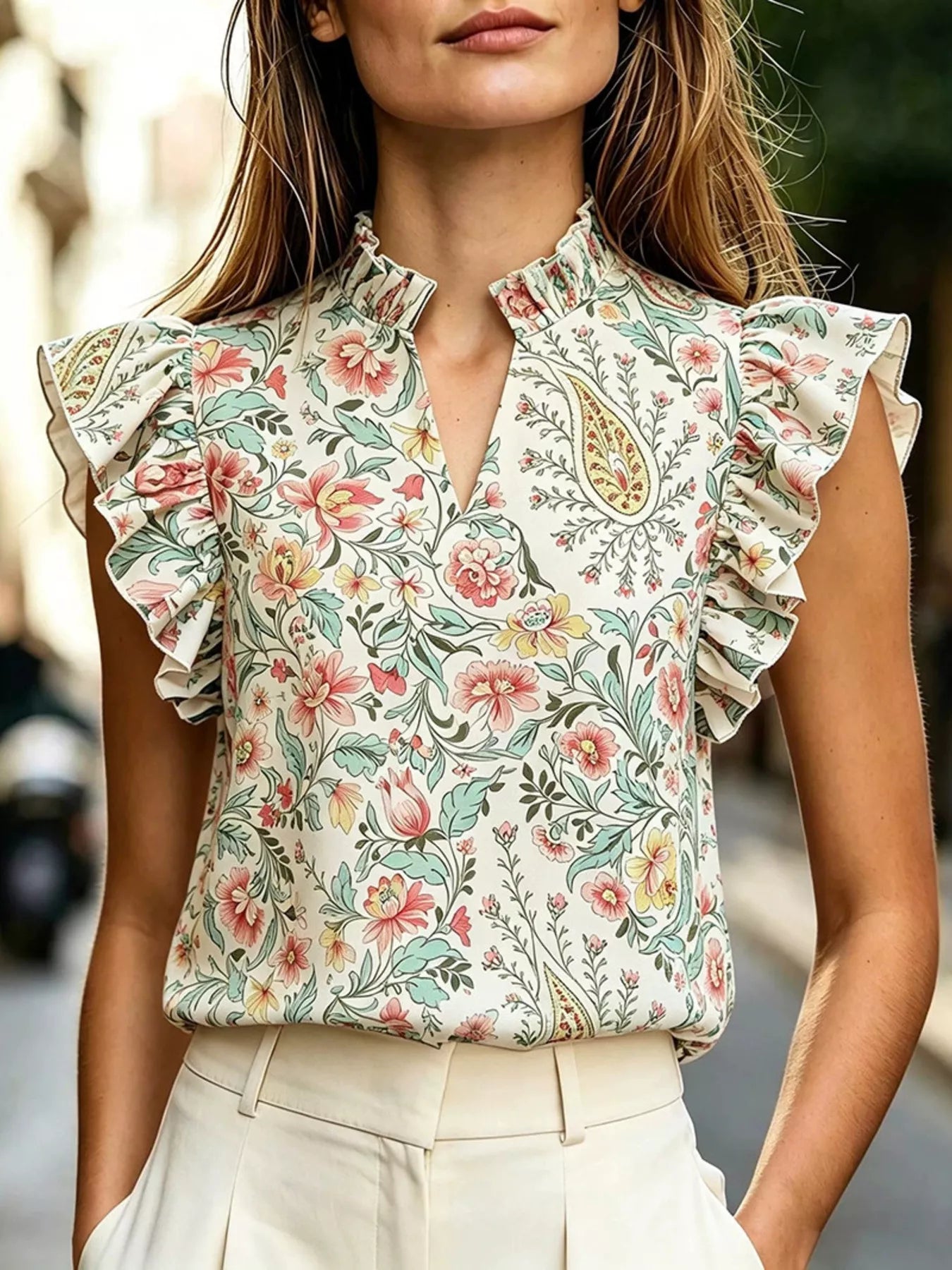 Printed ruffle sleeve blouse with floral print and no stretch, made of 100% polyester, machine washable.
