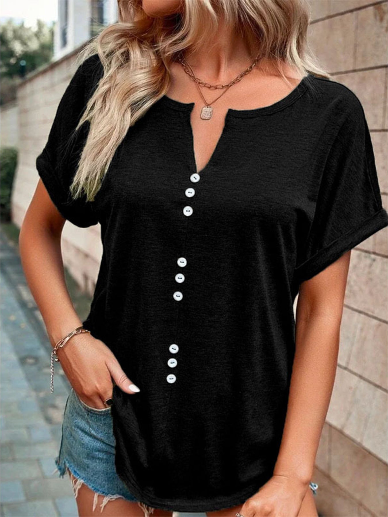 Plus size full size decor button short sleeve t-shirt with slight stretch and buttoned front
