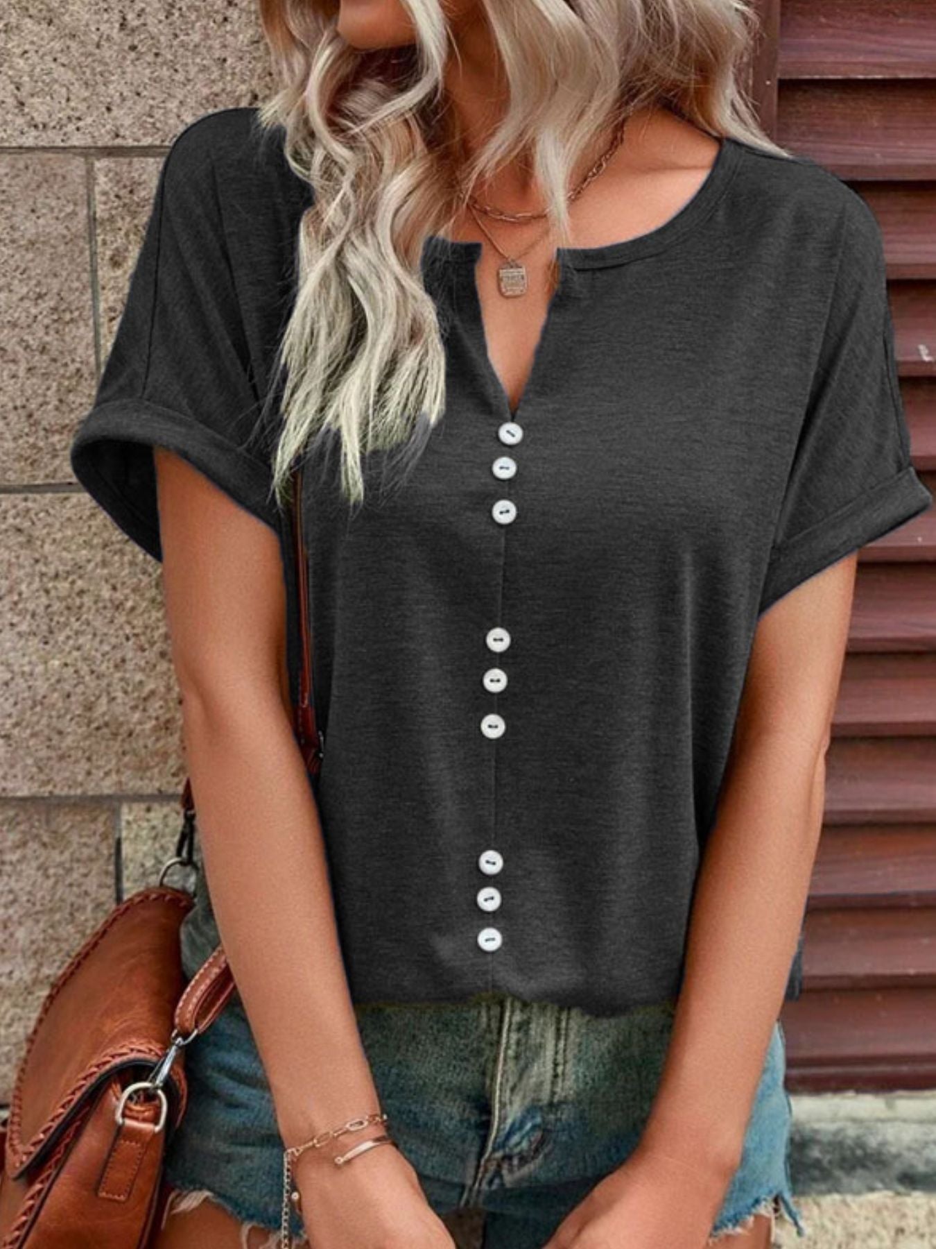 Full Size Decor Button short sleeve plus size t-shirt with buttoned front and slight stretch