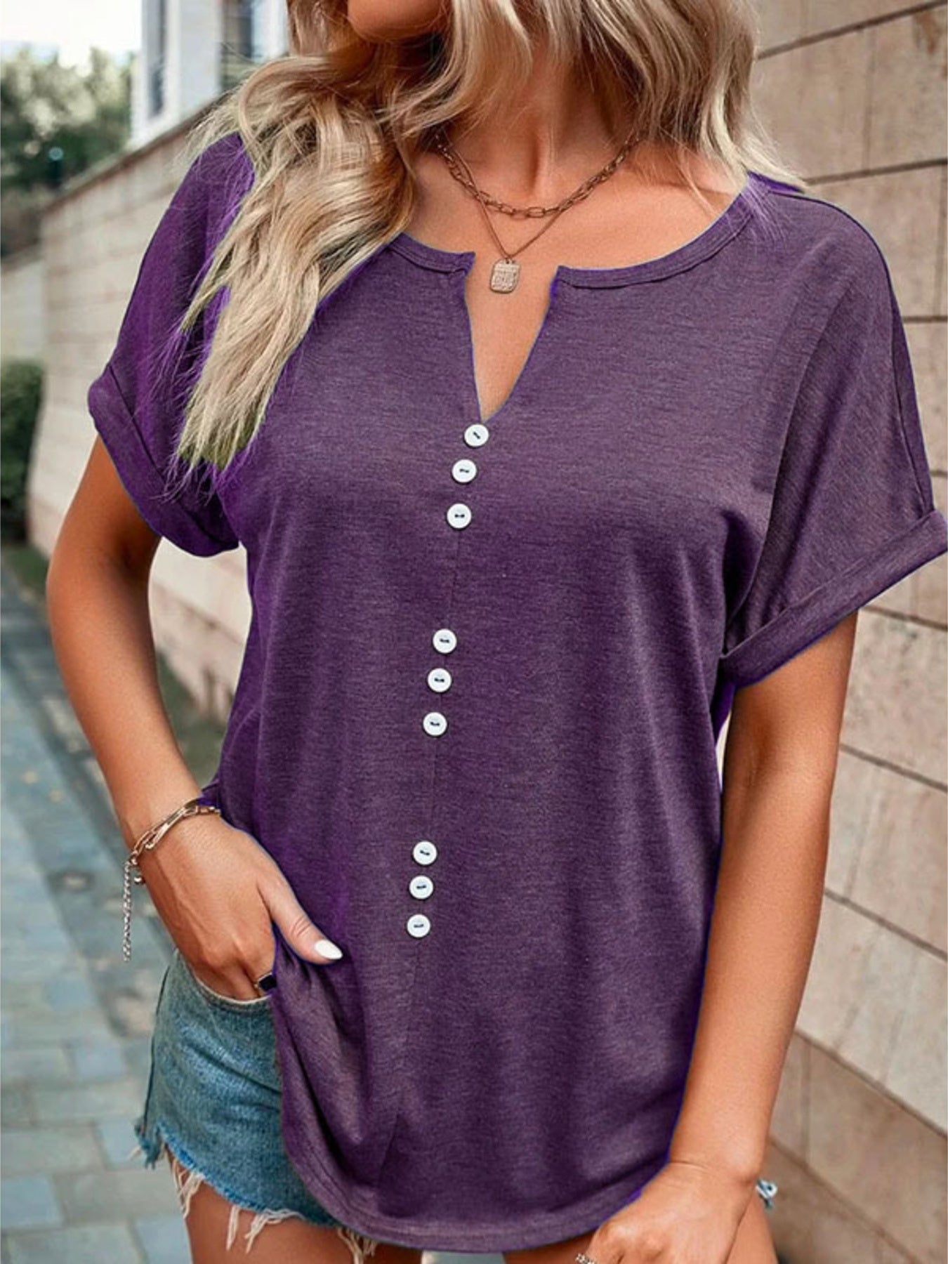 Full Size Decor Button short sleeve plus size t-shirt with buttoned front and slight stretch
