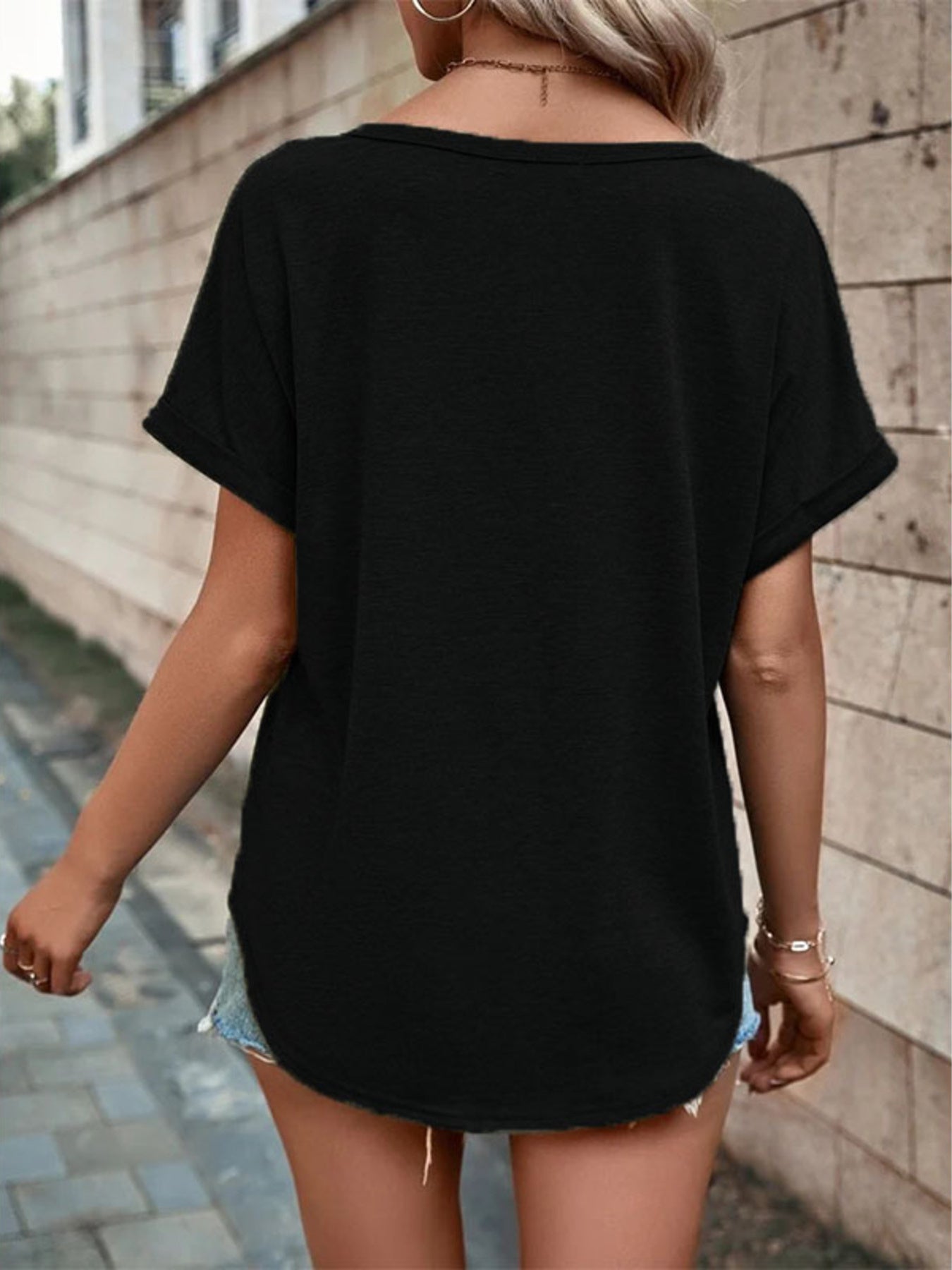 Plus size full size decor button short sleeve t-shirt with slight stretch and buttoned front