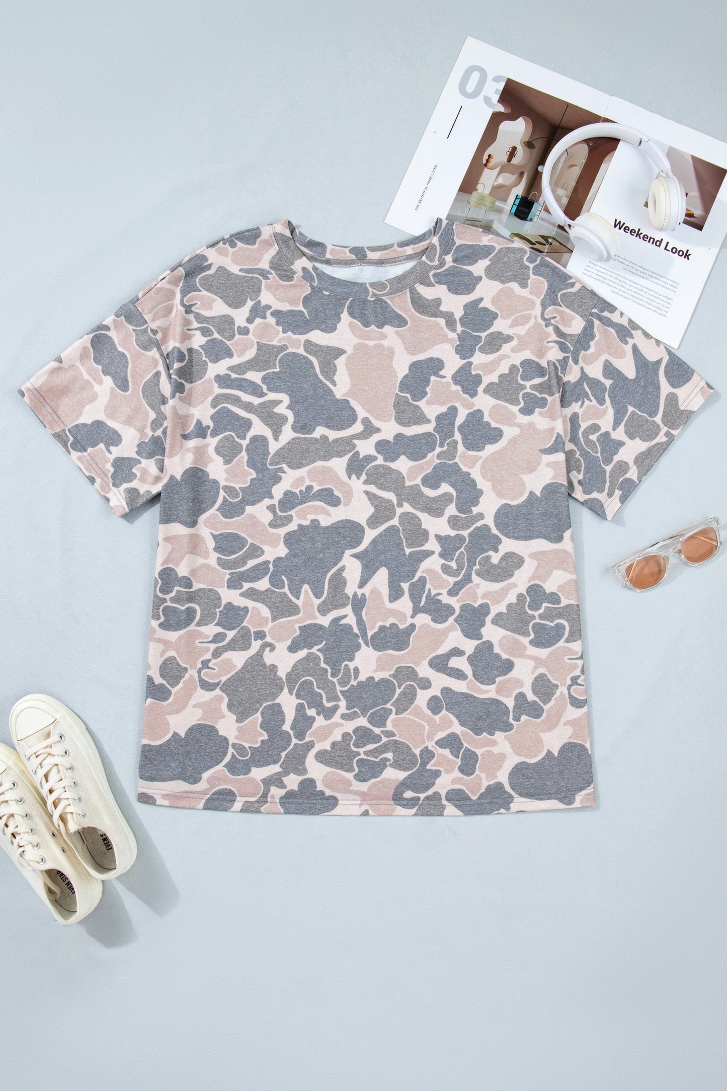 Plus size t shirt with multicolour retro camouflage print, round neck, and short sleeves.