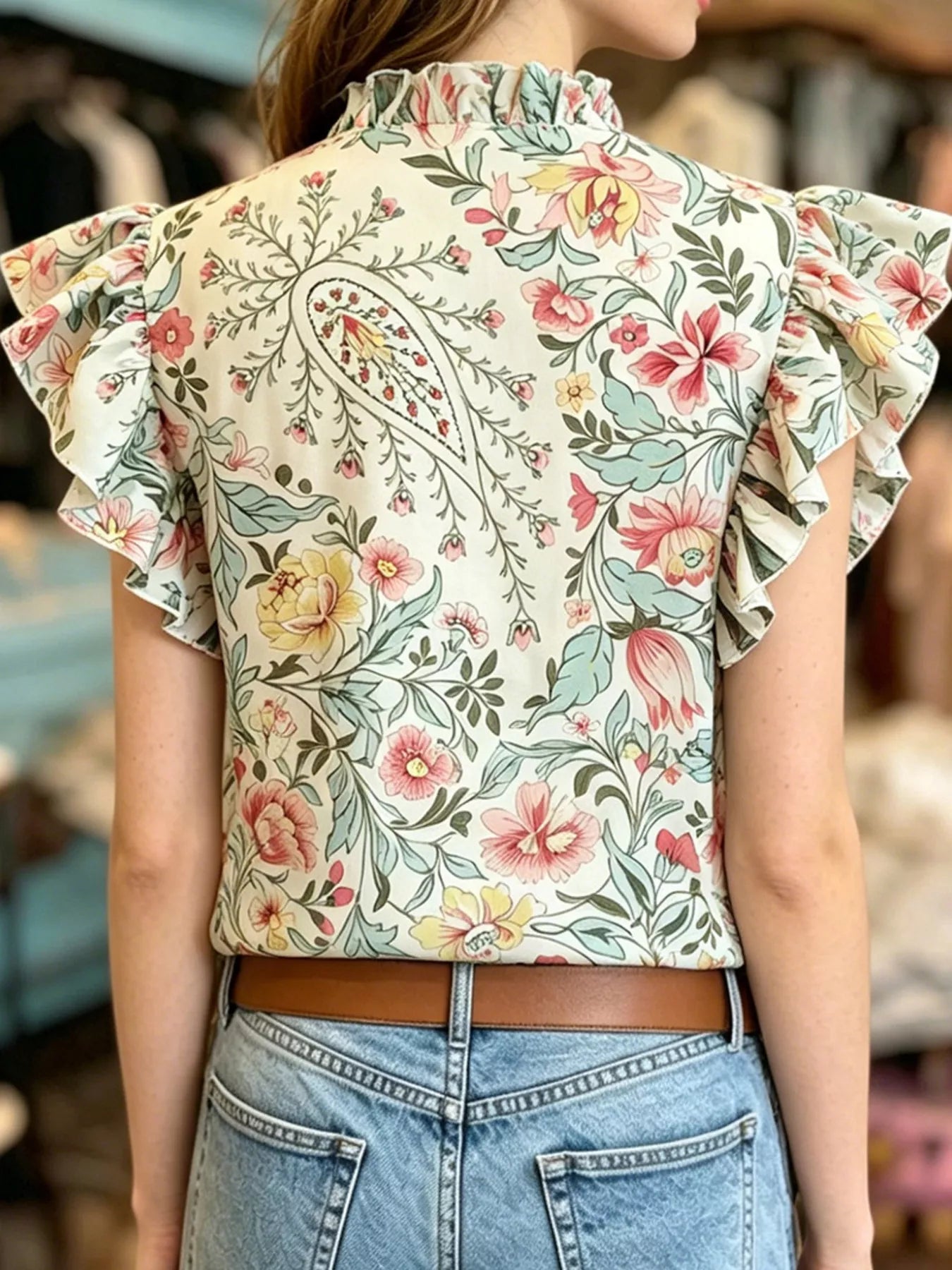 Printed ruffle sleeve blouse in 100% polyester with no stretch and machine washable design