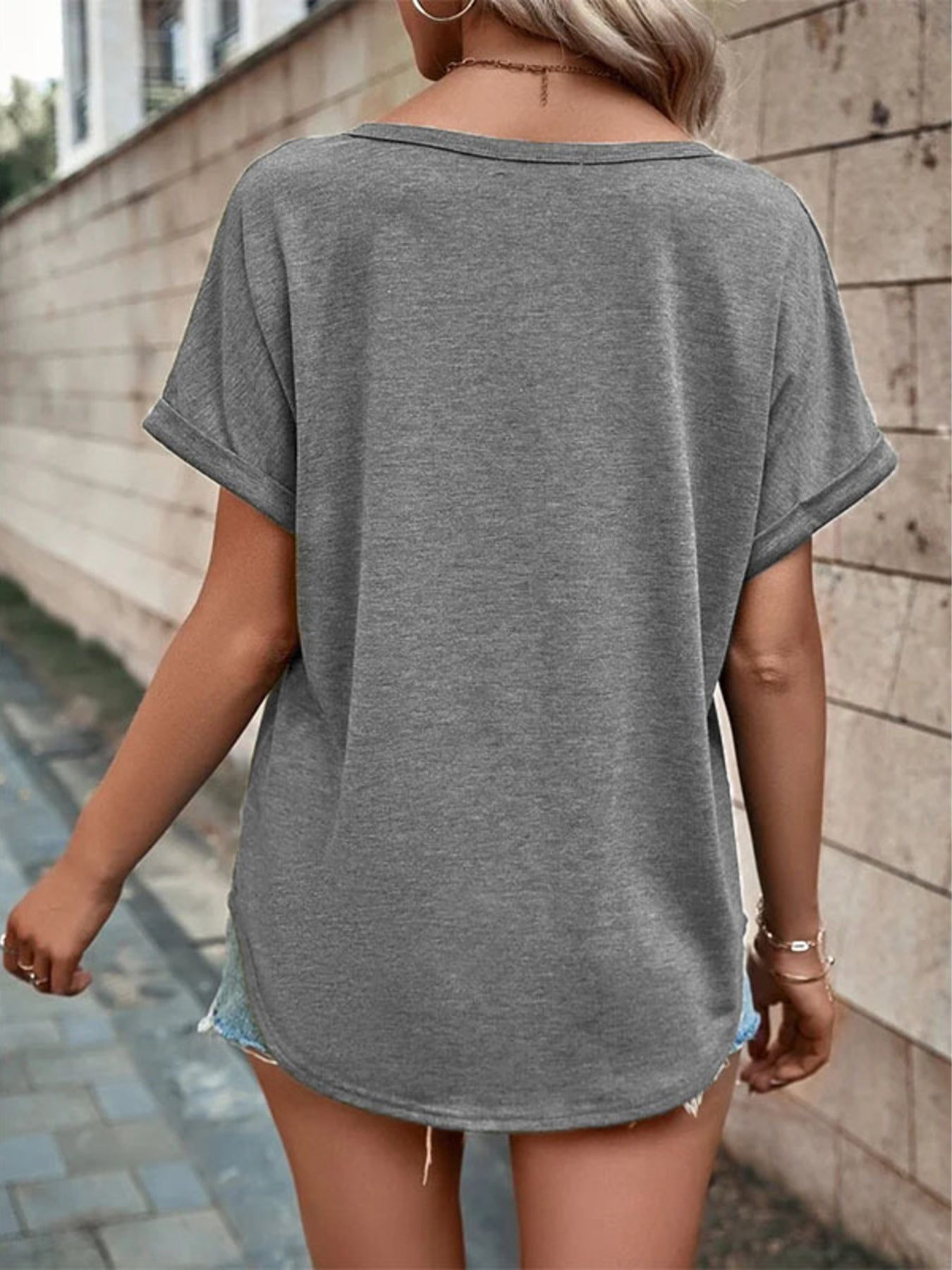Plus size stretch full size decor button short sleeve t-shirt with buttoned front