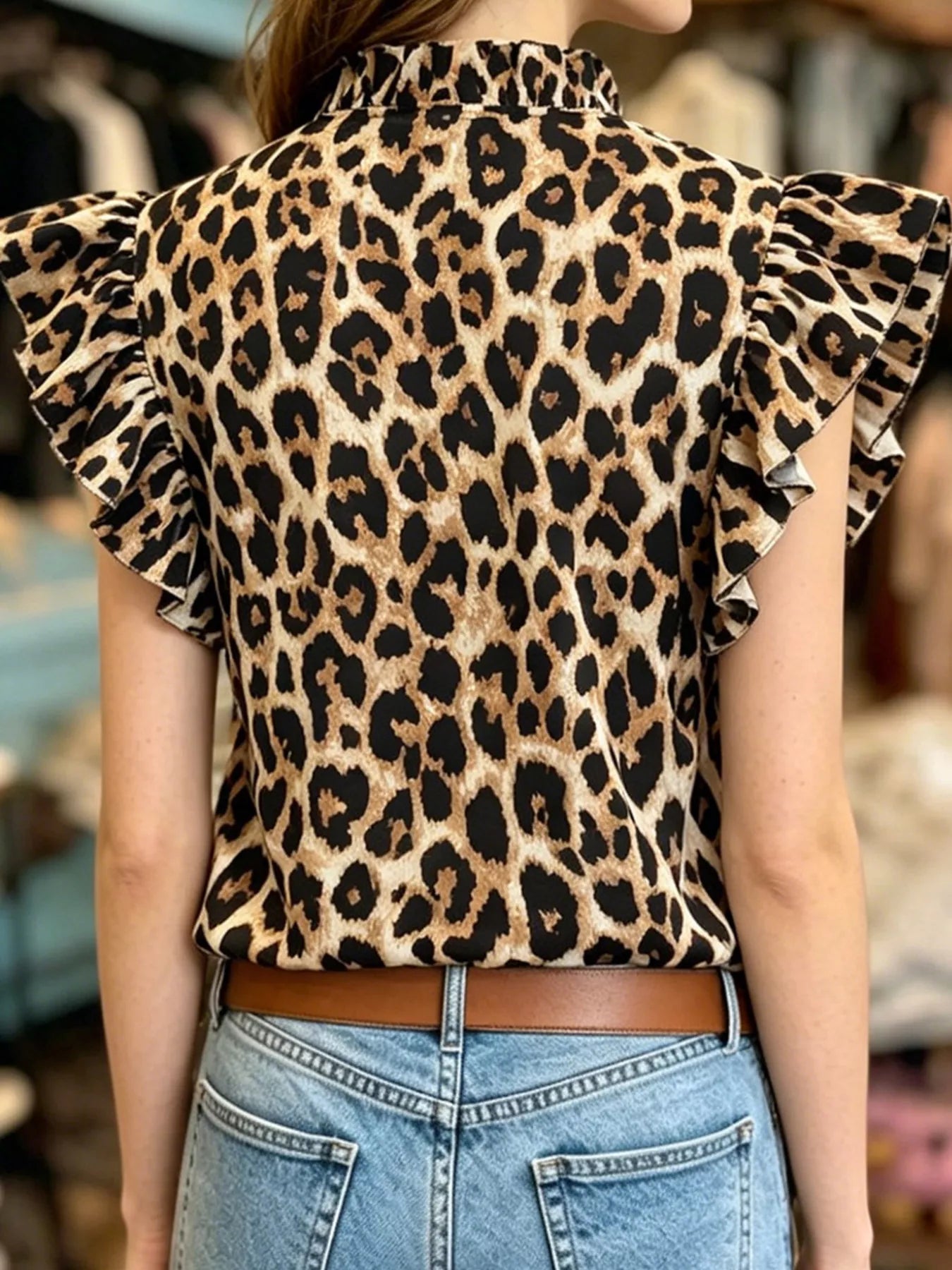 Printed ruffle sleeve blouse with floral print and no stretch polyester fabric
