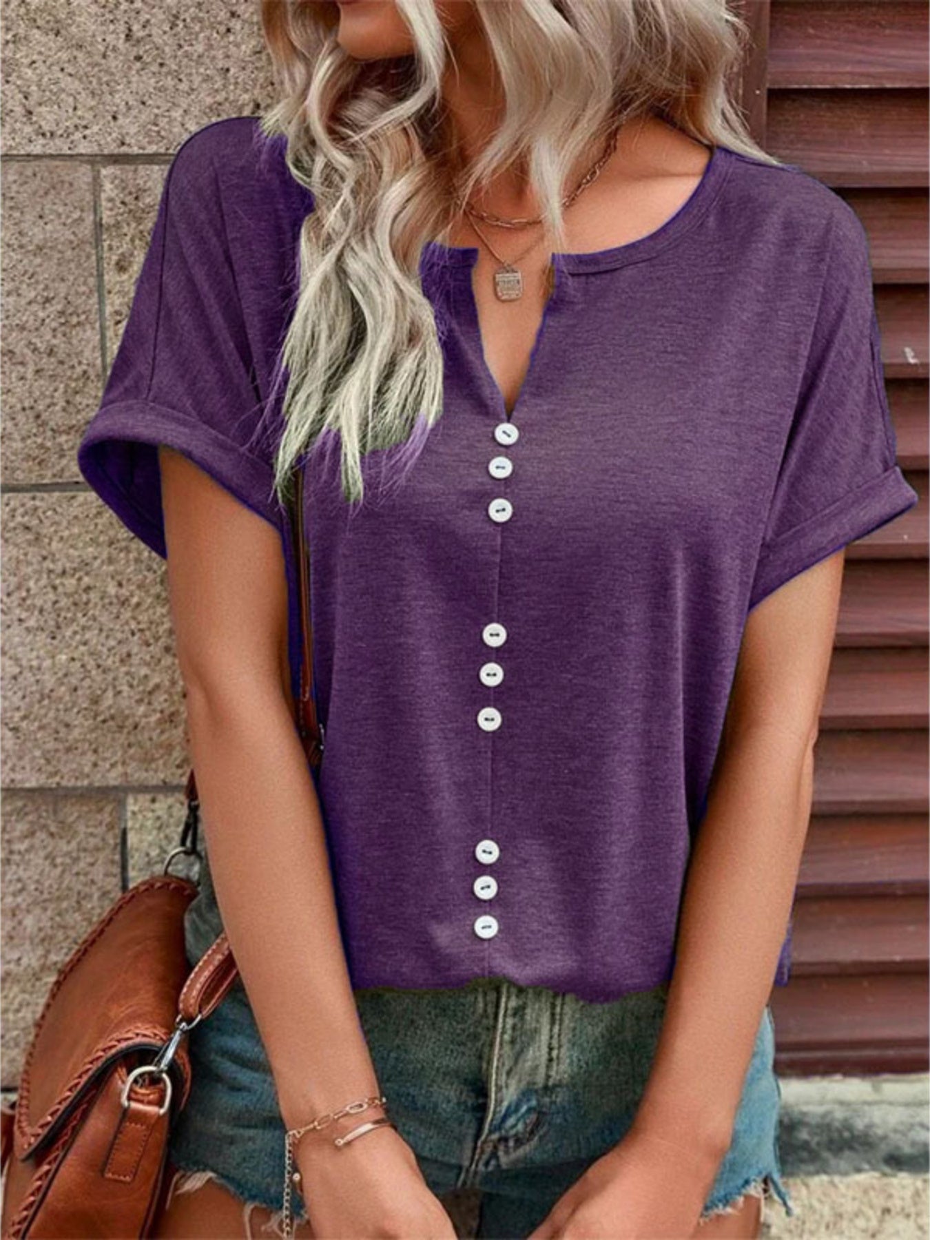Plus size full size decor button short sleeve t-shirt with slight stretch in polyester blend
