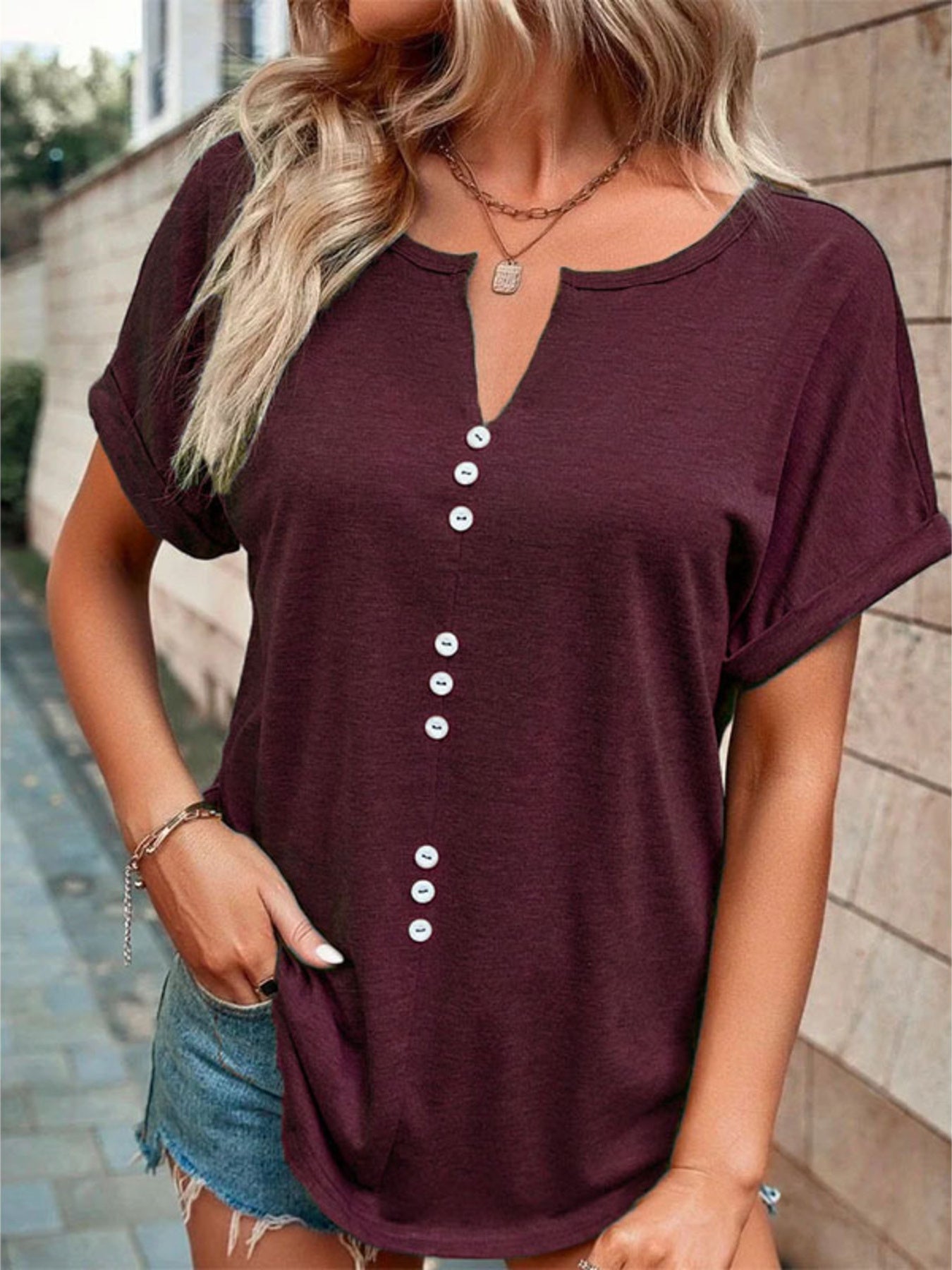 Plus size full size decor button short sleeve t-shirt with slight stretch and buttoned design