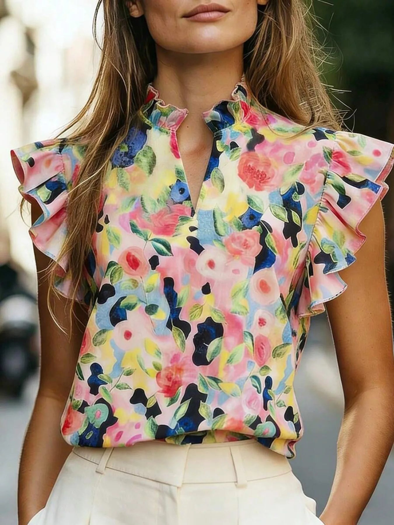 Printed ruffle sleeve blouse made of 100% polyester with no stretch and machine washable design