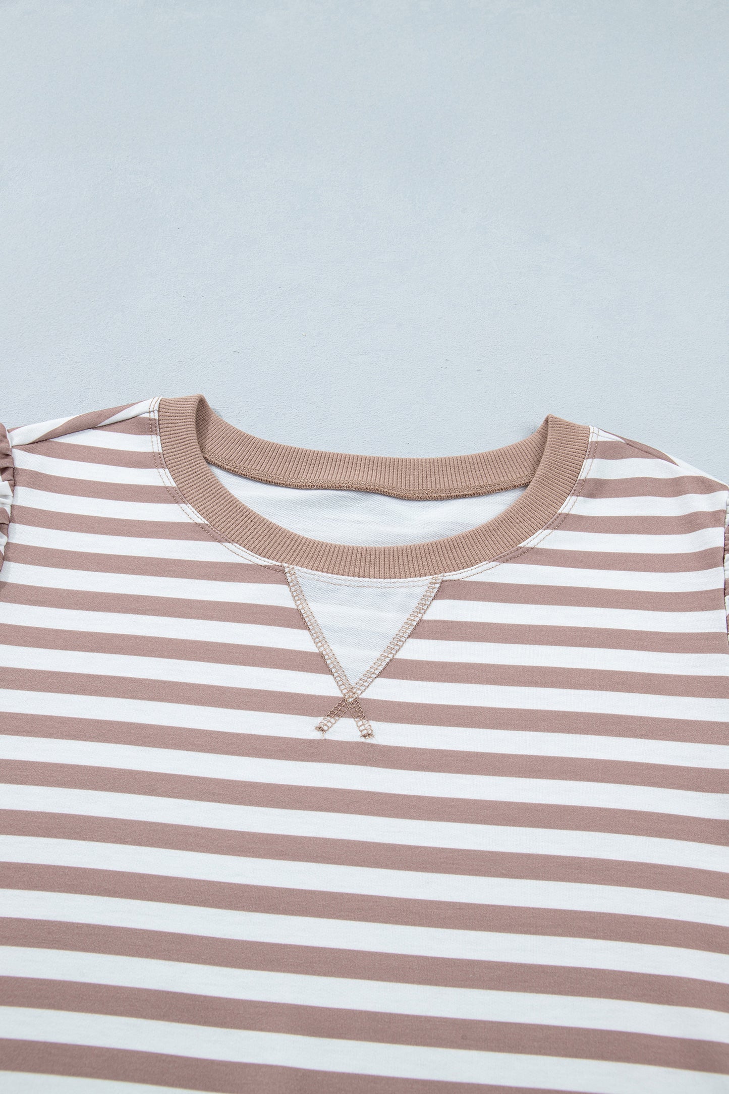 Orange Stripe Ribbed Trim Round Neck Short Puff Sleeve Plus T Shirt