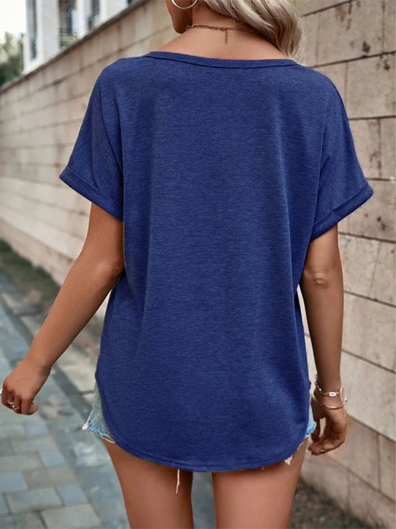 Full Size Decor Button short sleeve plus size t-shirt with buttoned front and slight stretch