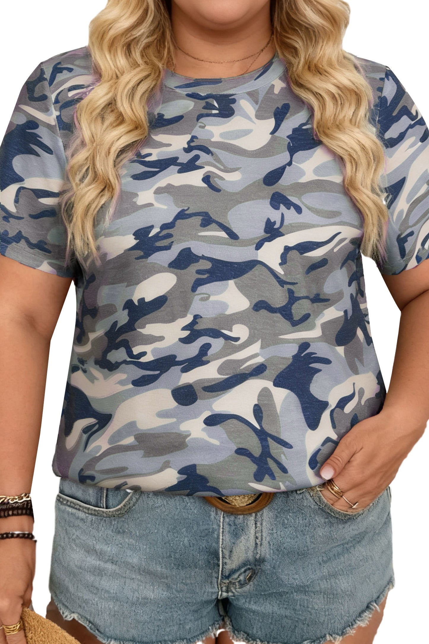 Green Plus Size Camo Print Crew Neck Short Sleeve Tee