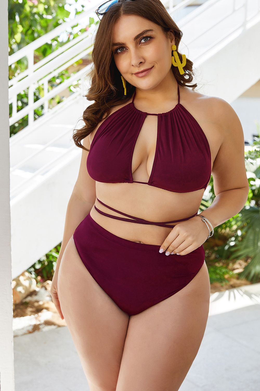 Trendsi plus size cutout bikini set in burgundy with halter neck and wraparound waist straps