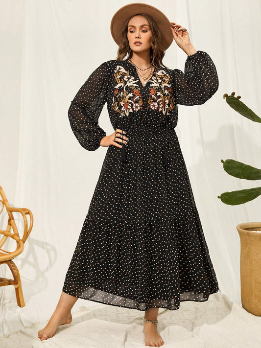 Trendsi plus size embroidered dress in black with floral embroidery and long puff sleeves