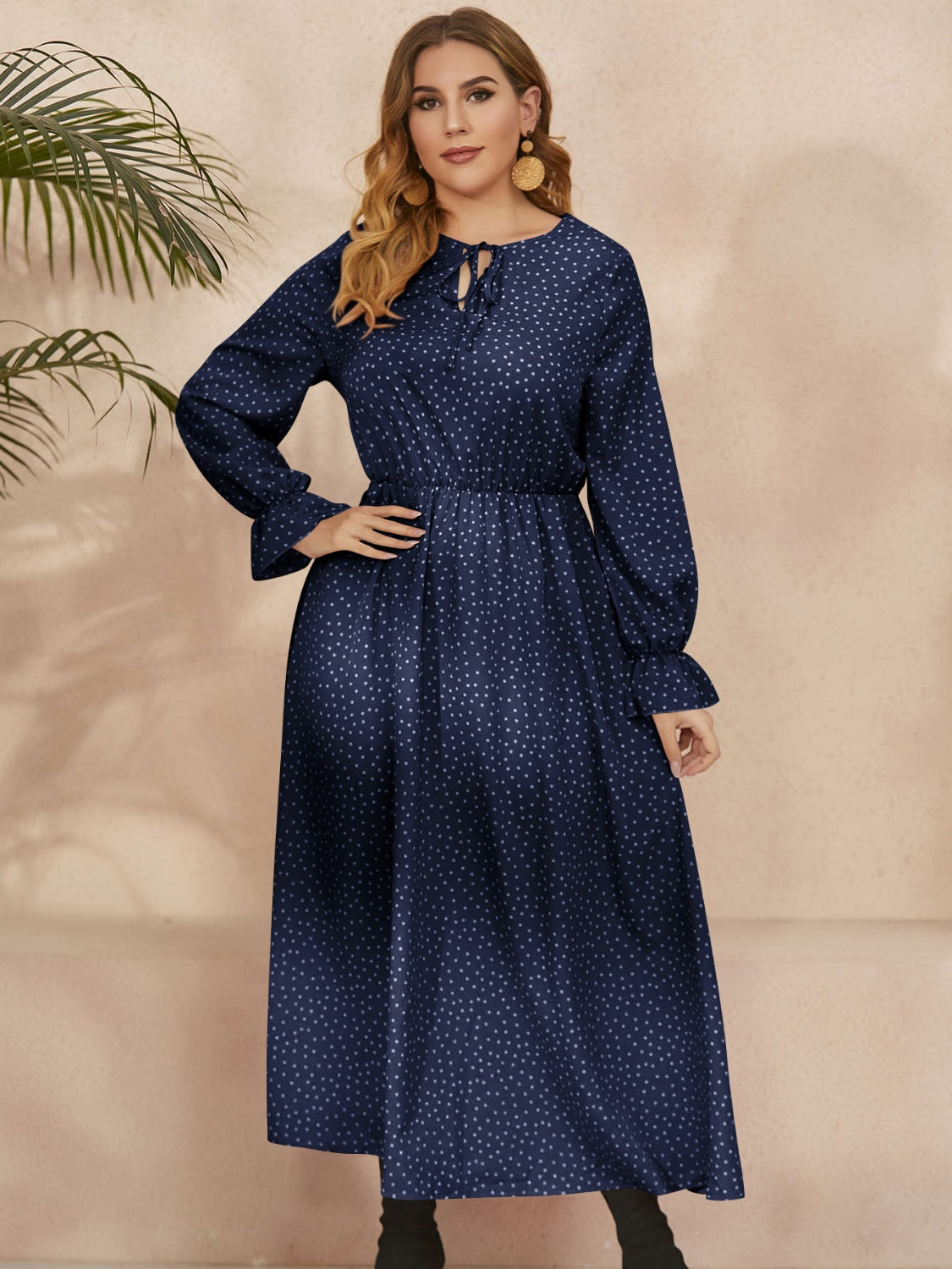 Honey Plus Size navy polka dot ruffled long sleeve dress with waist definition and soft fabric