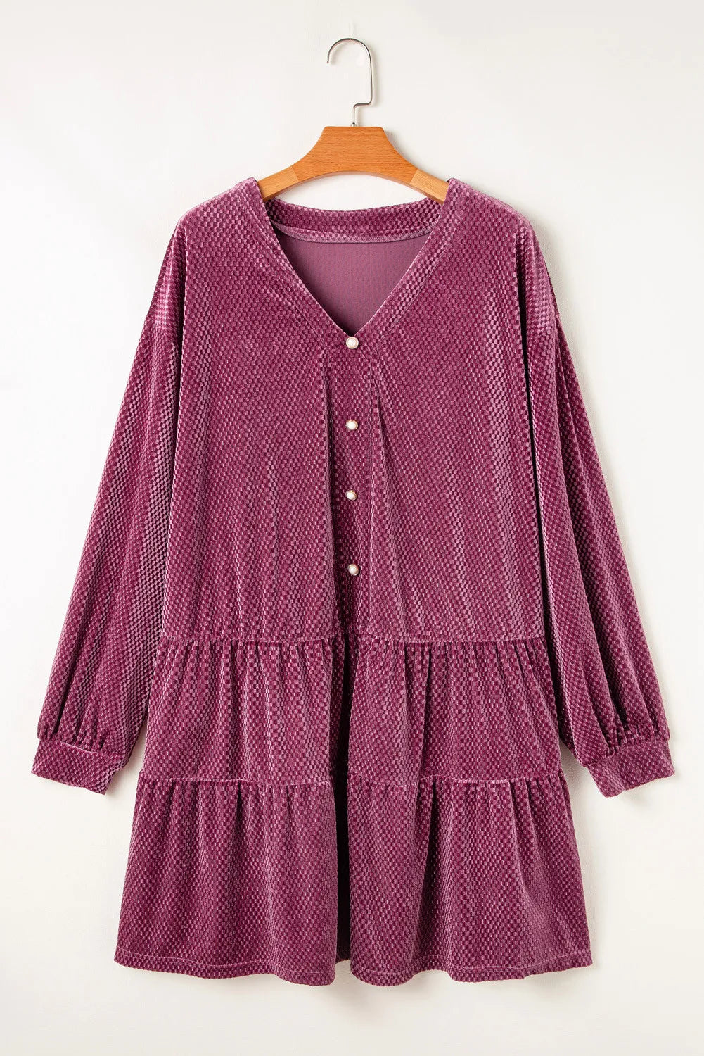 Purple textured velvet dress for curvy women with long sleeves and button front design