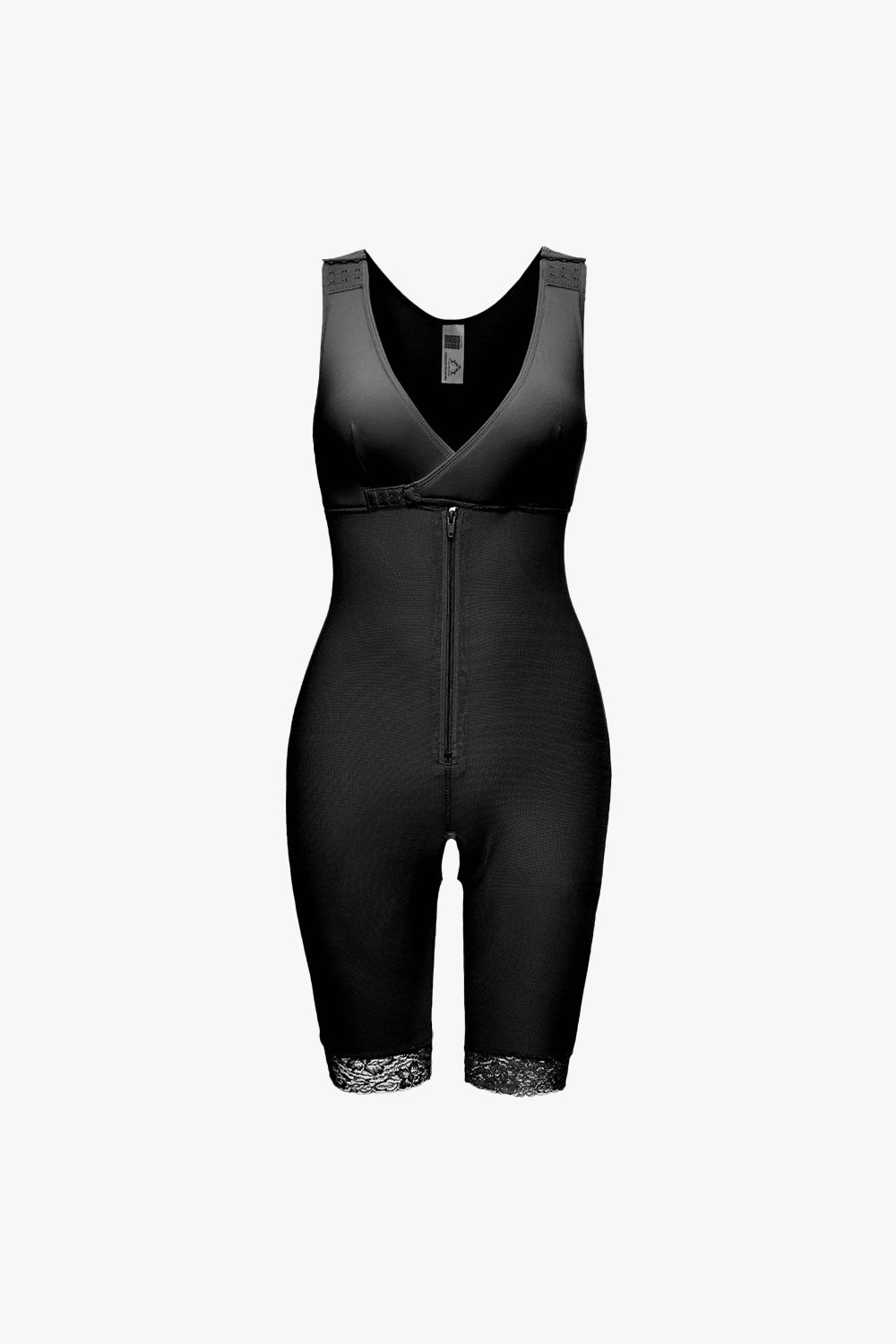  black full body plus size shapewear with zipper and lace trim on legs
