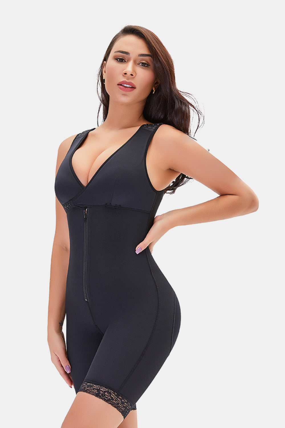  black full body plus size shapewear with zipper and lace trim on model